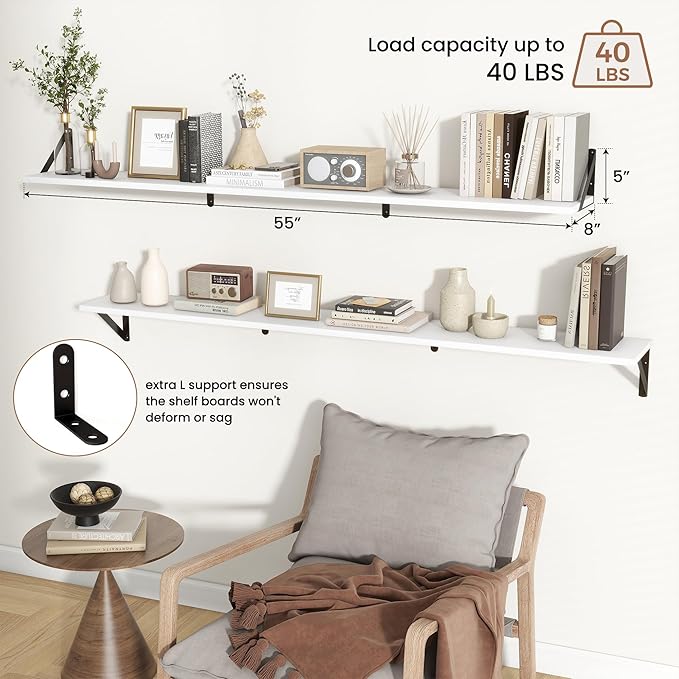 Axeman 55 Inch Floating Shelves | 8 Inch Deep White Wall Shelves Set of 2 | 55" W x 8" D Rustic White Wood Shelves for Bathroom Kitchen Living Room
