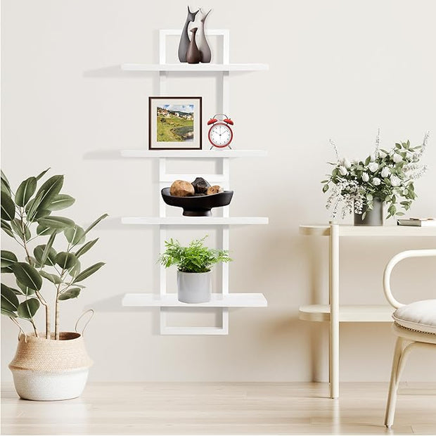 PHOENANCEE Floating Shelves for Wall,Display Hanging Shelf Set of 2,Modern Decorative Plants Shelves,Wood Home Decor Storage Chic for Living Room Bedroom Bathroom Office,Oak Frame,2-Tier,White