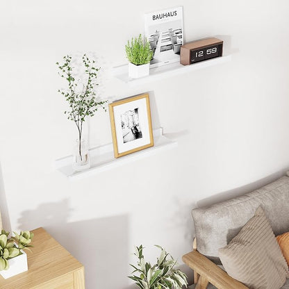 RICHFOCUS Floating Shelves for Wall, 24 inch Solid Wood Picture Ledge Shelf for Wall Storage, Nursery Book Shelves with Lip for Living Room Bathroom Bedroom Kitchen, Set of 2, Washed White