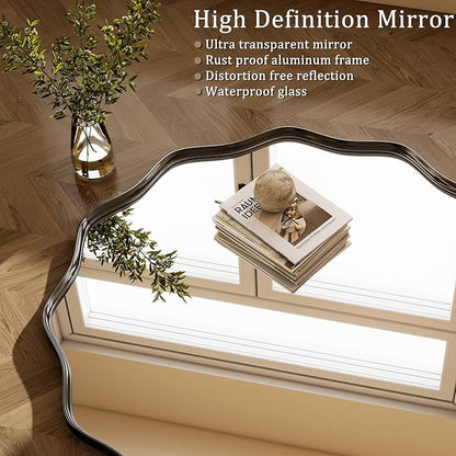 Round Wavy Mirror - 24 Inch Bathroom Vanity Mirror Metal Frame Circle Wall Mounted Mirror for Bedroom Living Room Entryway, Black