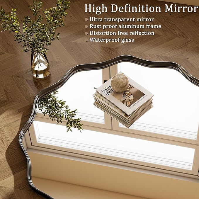 Round Wavy Mirror - 30 Inch Metal Frame Round Mirrors Wavy Edge Circle Mirror for Bathroom Bedroom Living Room Entryway Black