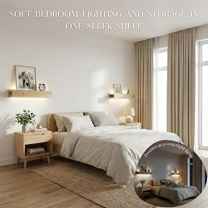 24" Natural Wood LED Floating Shelf, Heavy Duty Solid Pine Decorative Wall Mounted Shelf with Soft Ambient Lights, Minimalist Ledge for Living Room & Bedroom, Ideal for Scandinavian Home Decor