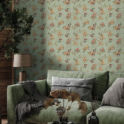 Vintage Green Floral Wallpaper Peel and Stick French Flower Wallpaper 17.7"x 157" Self Adhesive Decorative Floral Contact Paper Victorian Antique Botanical Wall Paper Wall Mural