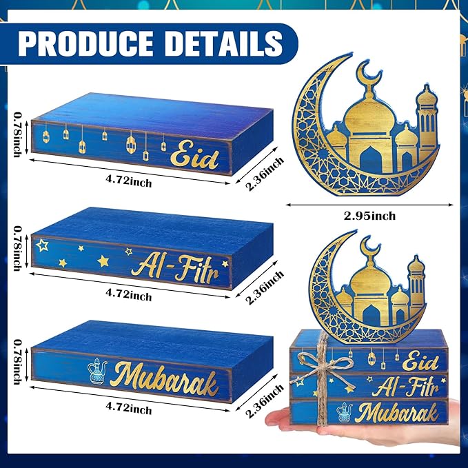 Geelin 4 Pcs Eid Mubarak Tiered Tray Decor Wooden Book Stack Signs, Blue Gold Islamic Crescent Moon Mosque Table Centerpiece for Ramadan Home Shelf Coffee Bar Mantel Decorations
