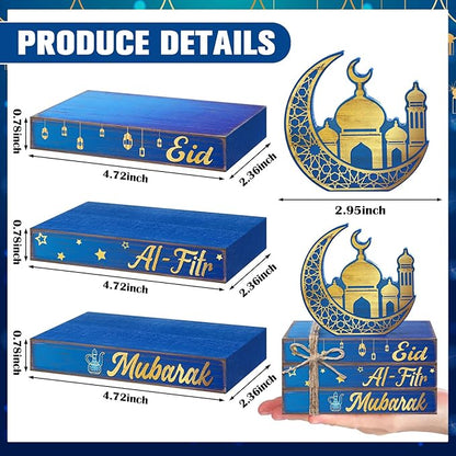 Geelin 4 Pcs Eid Mubarak Tiered Tray Decor Wooden Book Stack Signs, Blue Gold Islamic Crescent Moon Mosque Table Centerpiece for Ramadan Home Shelf Coffee Bar Mantel Decorations
