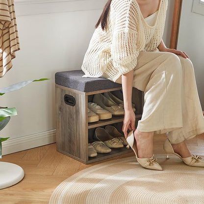 YMYNY Small Shoe Storage Bench with Cushion, 2 Tier Entryway Bench with Shoe Storage, Shoe Rack Bench for Entryway, Living Room, Hallway, Closet, Bedroom, 15.4L*11W*16.54H, Silver Gray UHBD028Y