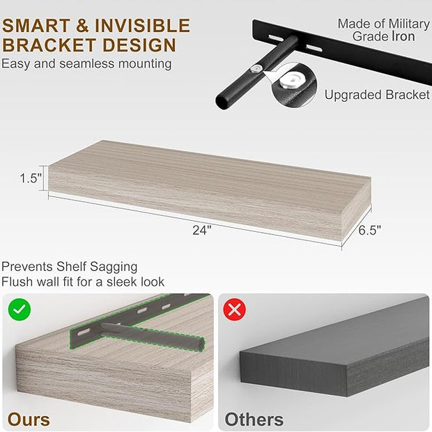 Fun Memories Floating Shelves for Wall, 24 Inch Floating Shelves Set of 2, Hanging Shelf with Invisible Brackets, Wood Shelves for Living Room, Bedroom, Kitchen, Grey