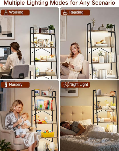 5-Tier Wide Ladder Shelf with LED Lights, Touch & Remote Control, 3 Color Temperatures, Dimmable Tall Corner Standing Bookcase, Metal Wood Display Shelf for Living Room, Bedroom