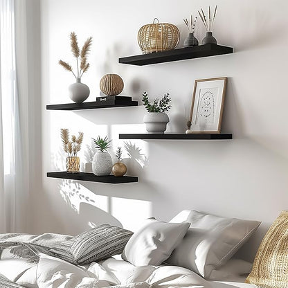 PHPH 24 Inch Wood Floating Shelves for Wall, Wooden Wall Shelves for Bedroom, Set of 6 Black