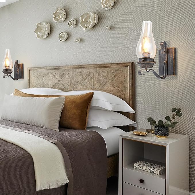 Wall Sconces Sets of 2, Oil Rubbed Bronze Hardwired Wall Sconce Indoor, Retro Rustic Wall Lamps with Amber Glass,Vintage Bedside Sconces Wall Lighting for Living Room Bathroom