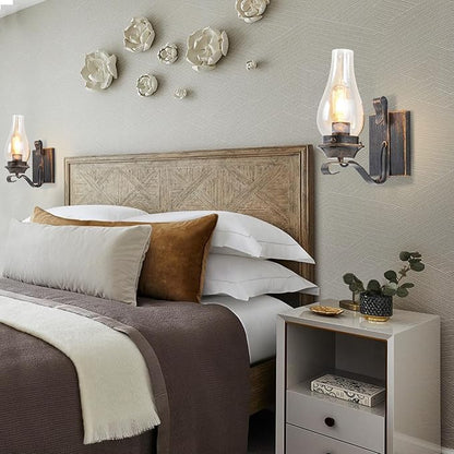 Wall Sconces Sets of 2, Oil Rubbed Bronze Hardwired Wall Sconce Indoor, Retro Rustic Wall Lamps with Amber Glass,Vintage Bedside Sconces Wall Lighting for Living Room Bathroom