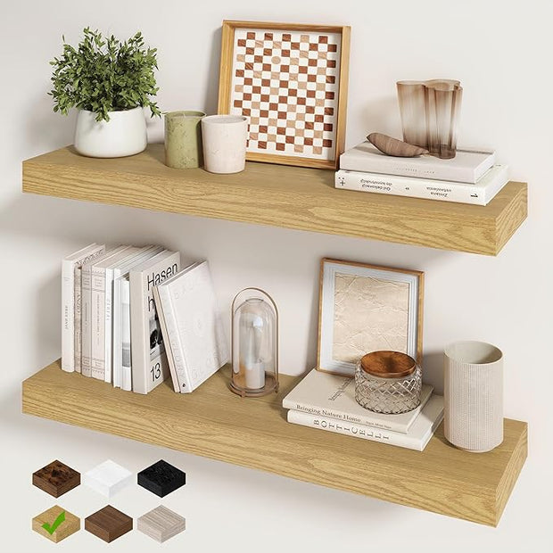 Fun Memories 30Inch Floating Shelves for Wall, 2 Pack Rustic Wood Shelves for Bathroom|Kitchen Wall Mounted Floating Shelf with Invisible Brackets for Books|Storage|Decor,Oak