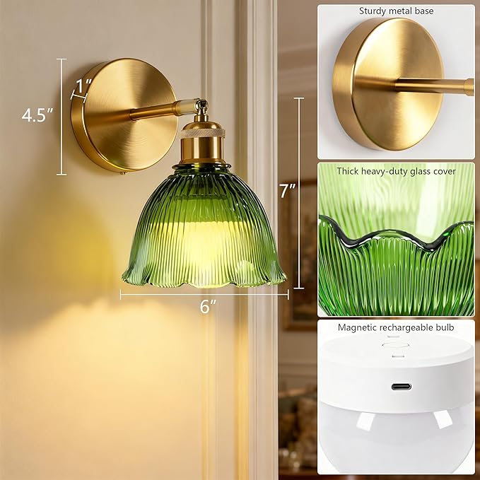 Vintage Battery Operated Wall Sconce with Green Ripple Glass Lampshade Rechargeable Battery Powered Wall Light with Remote Control for Bedside Bedroom Bathroom, Set of 1