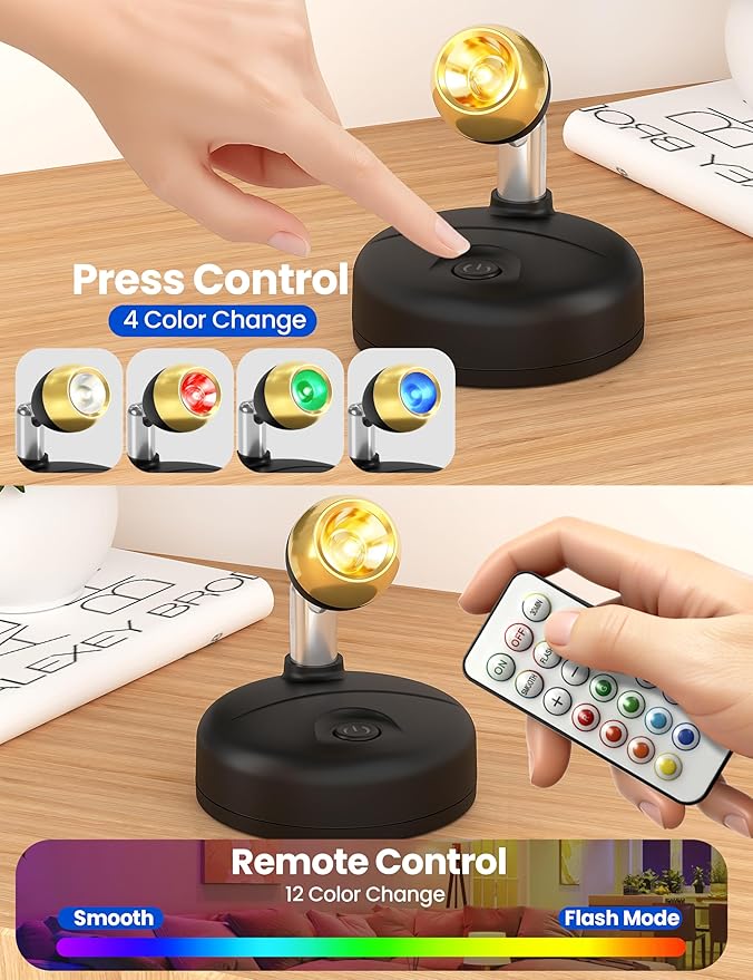 KINDEEP Spot Lights Indoor with Remote: Battery Operated Uplighting, Led Wireless Uplights, Timer＆Dimmable, RGB Small Spotlights for Displays, Picture Lights for Painting, Black, 2 Pack