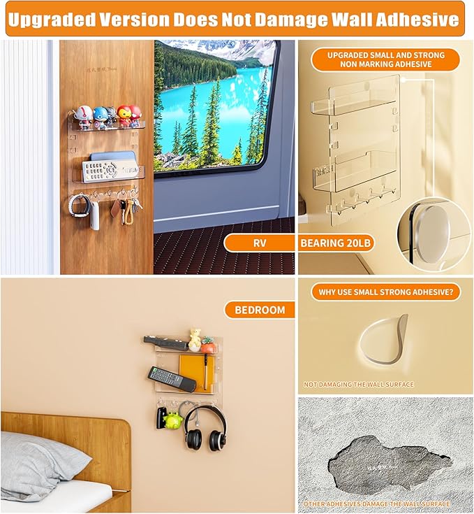 SuoXing Bedside Wall Organizer for Bedroom,Rv,Small Rooms,Nightstand and Bedside Wall Shelf for Earphone,Glasses,Remote Control,Phone Charging Shelf,Dorm Decor for College Girls and Teen Girl,Clear
