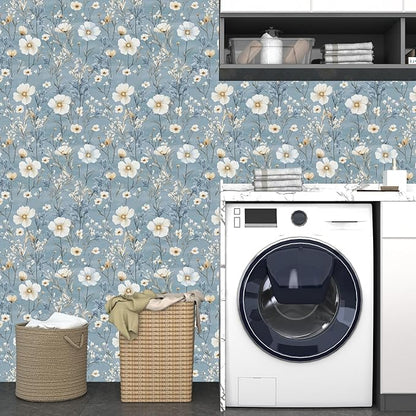 Blue Floral Peel and Stick Wallpaper White Botanical Contact Paper Vintage Leaf Wall Mural for Bedroom Bathroom Vinyl Waterproof Self Adhesive Removable Renter Dorm Wall Paper 17.5" x 118"