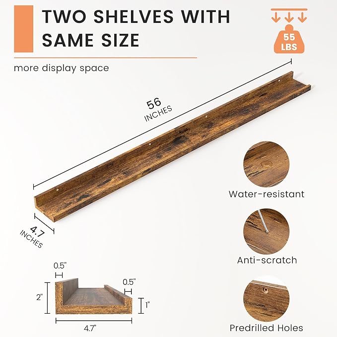 Picture Ledge Shelf, Floating Shelves Set of 2, 56 Inches Long Large Nursery Book Shelves for Toys Storage, Kids Bookshelf Wall Mounted for Living Room Bedroom Decor Books Photo Frames