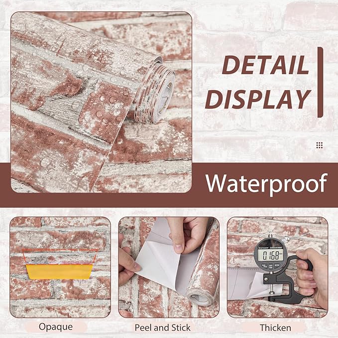Sevalo Red Brick Wallpaper Peel and Stick Contact Paper for Walls 3D Faux Brick Contact Paper Self-Adhesive Removable Wallpaper for Bedroom Kitchen Backsplash Dorm Room Fireplace Accent 17.3inW 393inL