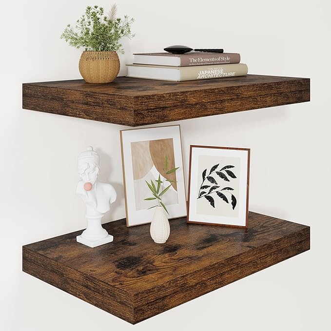 Vivelove 12" Deep Floating Shelves for Wall 16" Long, Wall Shelves for Living Room Bedroom Bathroom Kitchen Laundry Room, Farmhouse Rustic Shelves for Home Decor, 16" X 12" X 2" Set Of 2, Rustic Brown