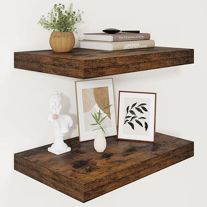 Vivelove 12" Deep Floating Shelves for Wall 16" Long, Wall Shelves for Living Room Bedroom Bathroom Kitchen Laundry Room, Farmhouse Rustic Shelves for Home Decor, 16" X 12" X 2" Set Of 2, Rustic Brown