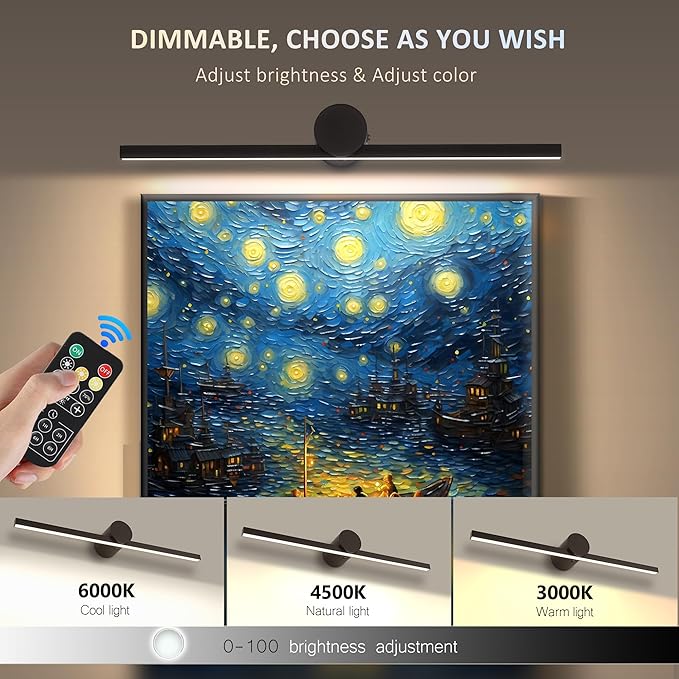 ZitoStory Battery Operated Picture Light with Remote,Wireless Dimmable Art Lights for Paintings Rechargeable Gallery Light Artwork Lighting for Canvas, Portrait (Black,20'' Inch)