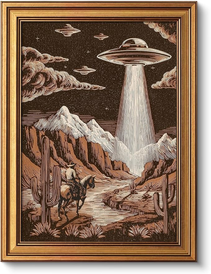 VIYYIEA Gold Small Framed Canvas Art, Vintage Western Landscape UFO Art Prints,12x16Inch, Southwest Retro Cactus Cowboy Decor for Bedroom Living Room Office Shelf, Sci - fi Poster, Cozy Brown Decor