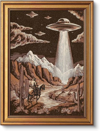 VIYYIEA Gold Small Framed Canvas Art, Vintage Western Landscape UFO Art Prints,12x16Inch, Southwest Retro Cactus Cowboy Decor for Bedroom Living Room Office Shelf, Sci - fi Poster, Cozy Brown Decor