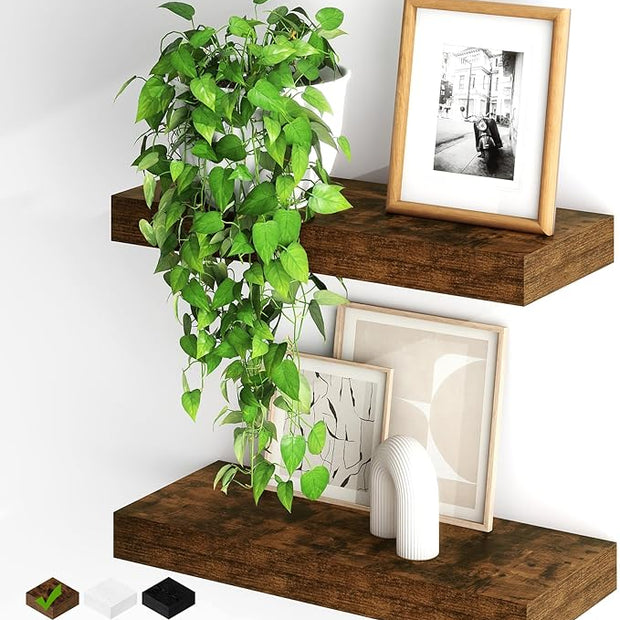 Fun Memories Floating Shelves for Wall, 20Inch Floating Shelves Set of 2, Hanging Shelf with Invisible Brackets, Wood Shelves for Living Room, Bedroom, Kitchen, Brown