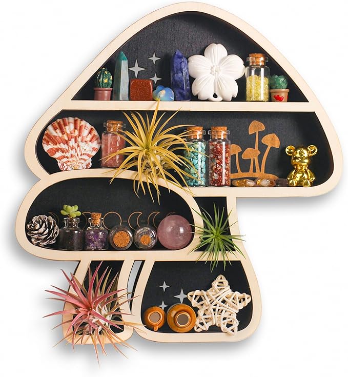 Cute Mushroom Decor, Wooden Floating Mushroom Shelf for Wall, Crystal Display Shelf Rock Gem Stone Display Shelf Wall Mounted