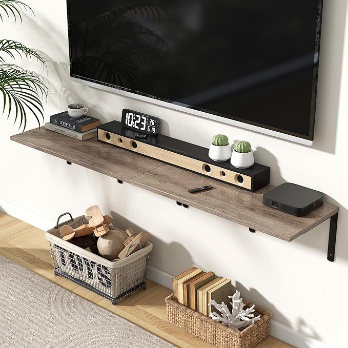 Fun Memories Floating Shelves for Wall, 12 Inch Deep Floating Shelves Set of 2, Wall Mounted Shelf with Metal Brackets, Rustic Wood Wide Shelf for Bathroom, Kitchen and Living Room, Grey, 32W x 12D