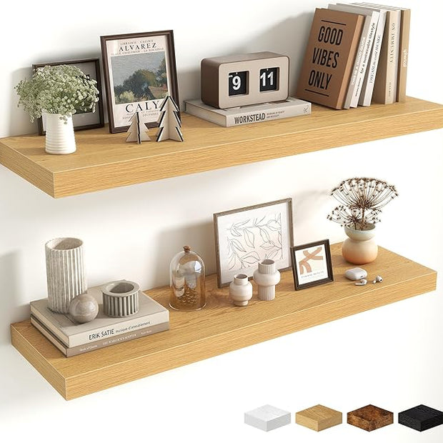 Fun Memories Floating Shelves for Wall 36 Inches, Wood Shelves with Invisible Bracket, 10" Deep Shelves Wall Mounted, Large Wood Floating Shelves for Living Room Bathroom, Oak, Set of 2