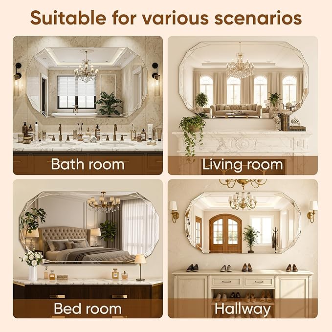 Suidia Bathroom Mirror, 24"x 48" Wall Mirror, Frameless Bathroom Mirror with Beveled Edge for Bedroom, Living Room, Entryway, Hallway, Oval Shape