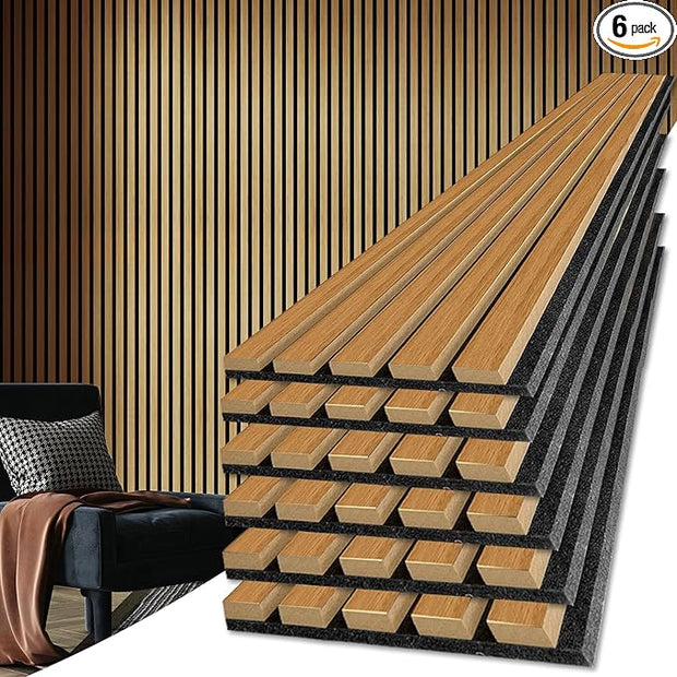 Art3d 6-Pack Acoustic Wood Slat Wall Panels for Interior Decor, 3D Fluted Sound Absorbing Wood Paneling for Accent Wall Ceiling Kitchen Living Room Bedroom Office, 94.5 x 7.9 inch Warm Teak