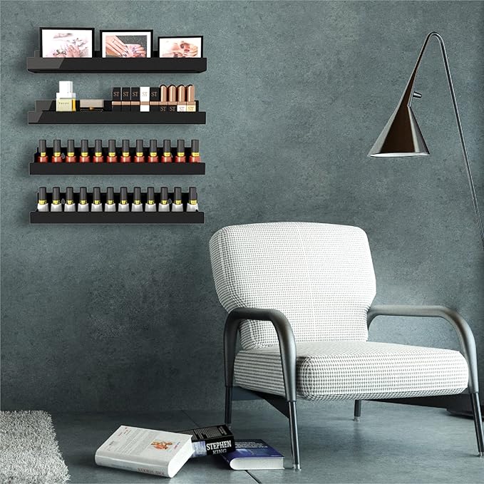 4 Pack 15 Inch Black Acrylic Shelves, Black Kids Floating Bookshelf for Kids Room, Modern Nail Polish Rack Sunglasses Essential Oil Picture Ledge Display Toy Storage Wall Shelf
