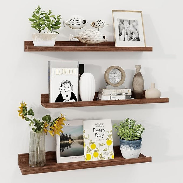 Axeman Picture Ledge Shelf | 24 Inch Walnut Floating Shelves Set of 3 | Rustic Wood Wall Shelves with Lip | 24" Walnut Picture Shelf for Wall with Ledge | Photo Shelves