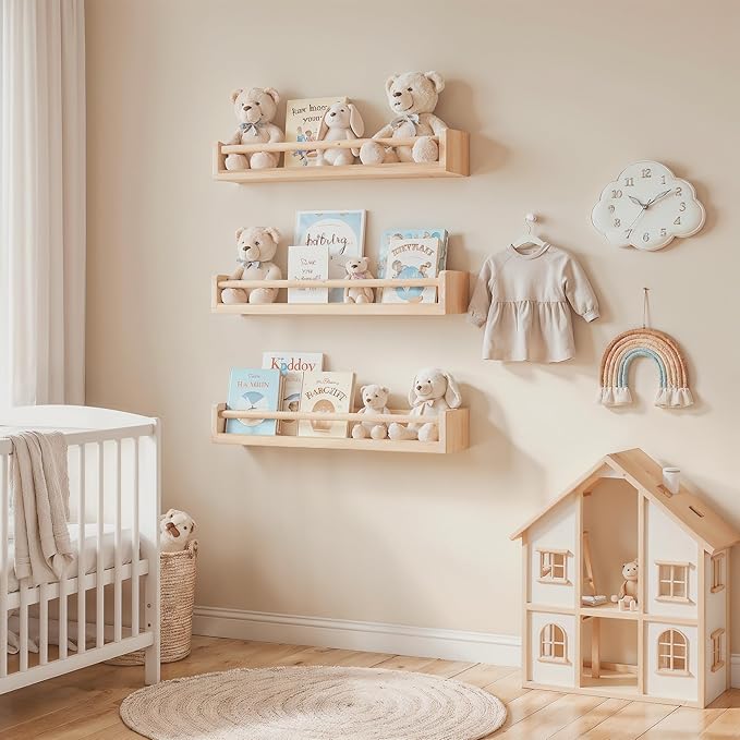 Floating Nursery Book Shelves, 16.5 inch Wall Book Shelves Kids Room, Set of 3 Baby Shelves for Nursery Décor, Ideal Wooden Nursery Shelves for Kids Room, Bedroom Bathroom and Kitchen (Natural Wood)