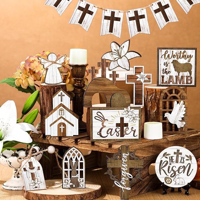 Amyhill 31 Pcs Religious Easter Tiered Tray Decor Christian Easter Decorations He is Risen Christian Wooden Signs Farmhouse Cross Lily Dove Table Decor for Home Kitchen Shelf Coffee Bar