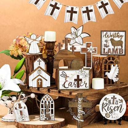 Amyhill 31 Pcs Religious Easter Tiered Tray Decor Christian Easter Decorations He is Risen Christian Wooden Signs Farmhouse Cross Lily Dove Table Decor for Home Kitchen Shelf Coffee Bar