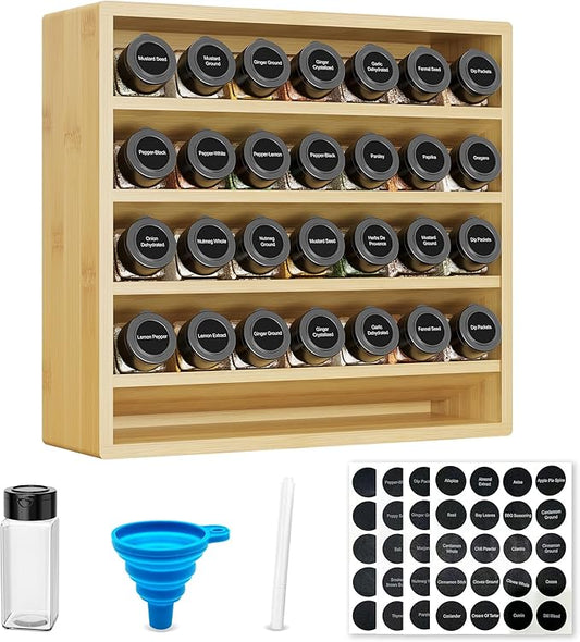 Orimade 4 Tier Spice Rack Organizer for Cabinet with 28 Plastic Spice Jars, Freestanding Bamboo Seasoning Rack for Countertop, Cupboard, Pantry, Kitchen, 13.18 x 4.13 x 12.2 inches