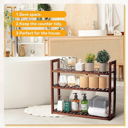 Wood Bathroom Shelf, 3-Tier Adjustable Shoes Rack&Plants Rack, Wall-Mounted or Stand for Living Room (Walnut)