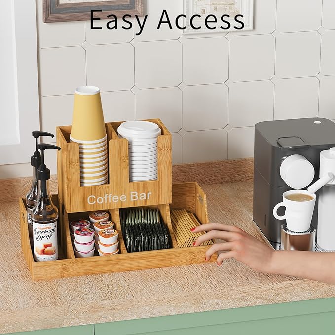 Coffee Station Organizer, Bamboo Coffee Bar Organizer for Countertop, Condiment and Cup Storage Organizer, Bar Accessories for Kitchen, Office, Home, Brown