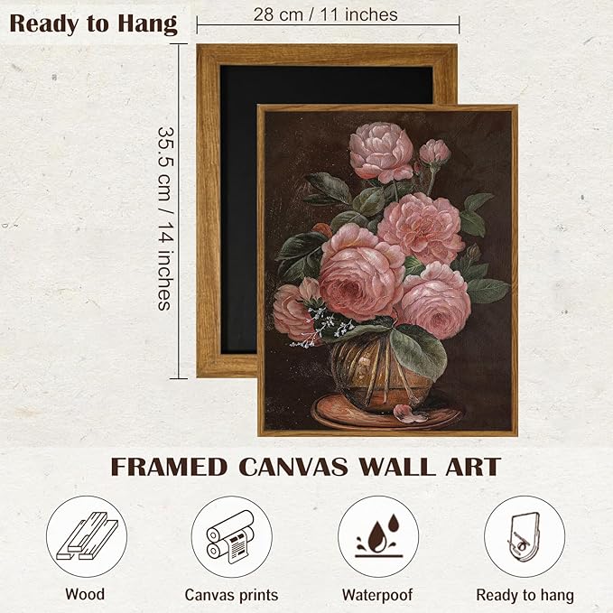SHENIFY Vintage Flower Framed Canvas Wall Art Peony Classic Paintings Modern Kitchen Bathroom Office Decor - 11x14in Natural Framed