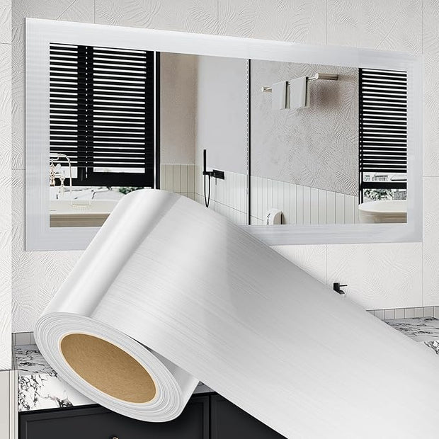 Peel and Stick Wallpaper Borders 390” x 4” Self Adhesive Mirror Frame Border Brushed DIY for Kitchen Bathroom Mirror Removal Border Sticker Wall Decor Cover 10.8 Sq.Ft, Brushed Sliver