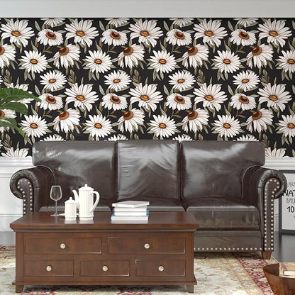 Daisy Floral Wallpaper Peel and Stick Boho Wallpaper for Countertop 17.5in x 393in Vintage Contact Paper Vinyl Waterproof Self-Adhesive Dark Black Modern Wall Paper for Bedroom Walls Drawer Bathroom