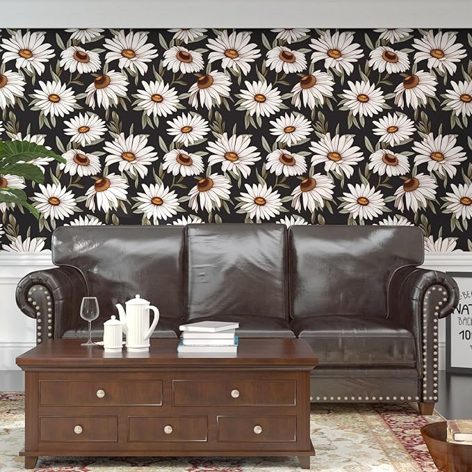 Daisy Floral Wallpaper Peel and Stick Boho Wallpaper for Countertop 17.5in x 393in Vintage Contact Paper Vinyl Waterproof Self-Adhesive Dark Black Modern Wall Paper for Bedroom Walls Drawer Bathroom