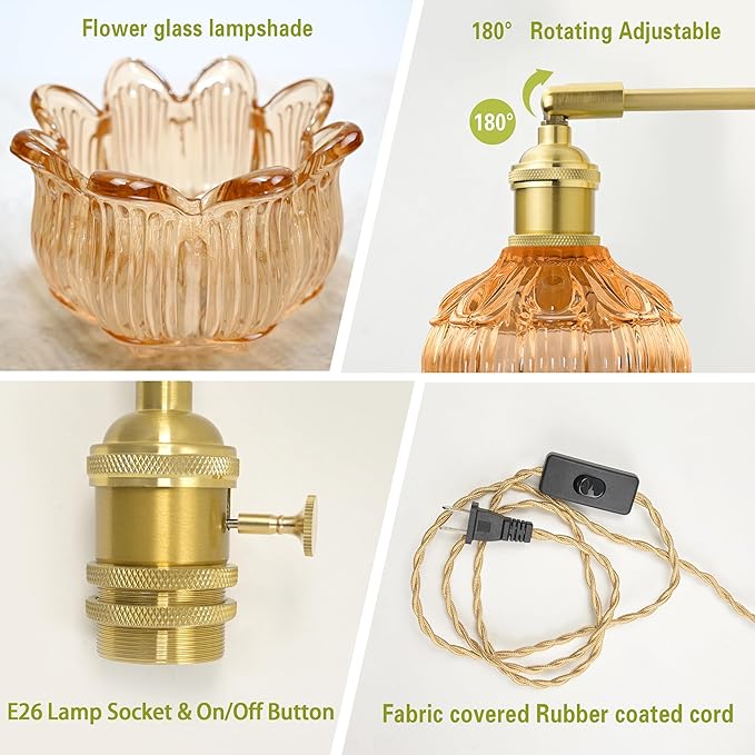 Plug in Wall Sconces,Plug in Wall Lamp, Vintage Wall Light with Amber Tulip Glass Lampshade, 3-Way Dimmable with Dual Switches, No Wiring Needed for Bedroom Wall Decor and Hallway