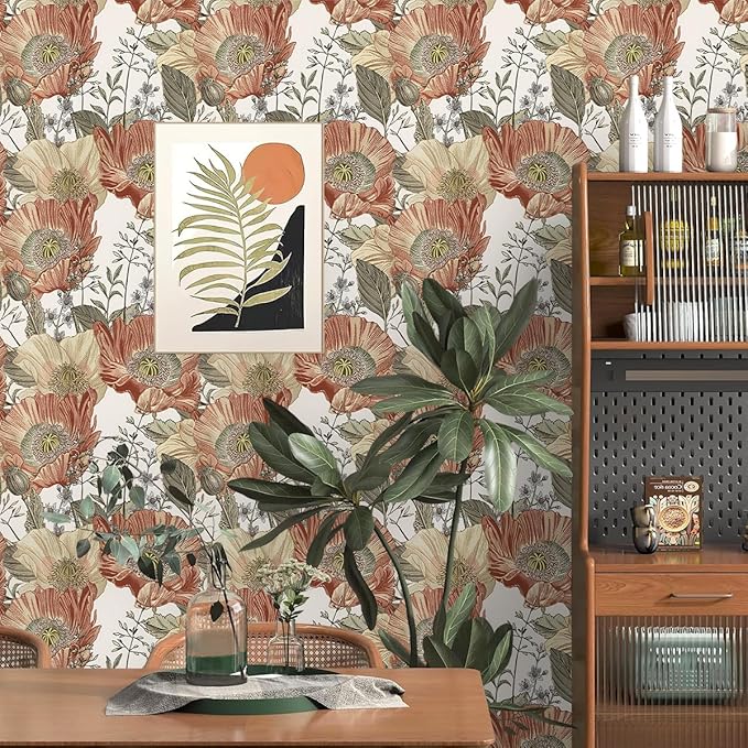 Livebor Floral Wallpaper Peel and Stick Boho Large Floral Peel and Stick Wallpaper Vintage Multicolor Flower Contact Paper 17.7'' x 393.7'' Self Adhesive Wall Paper for Bathroom Wall Covering Decor