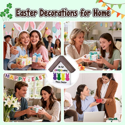 MBL Easter Bunny Decor Decorations - Funny Wood Bunny Rabbit Easter Centerpieces Basket Stuffers Essentials Office Home Kitchen Bathroom Shelf Table Farmhouse Tiered Tray Decor for Women Men Friends