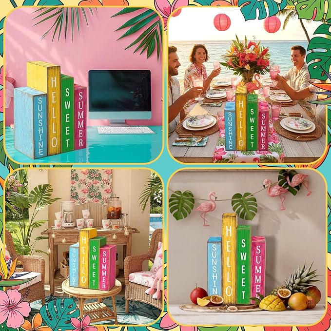 4 Pcs Summer Table Decoration Wooden Book Hawaii Beach Decoration Blue Yellow and Red Summer Tiered Tray Decor Wood Book Sign Farmhouse for Hawaii Party Home Shelf Coffee Table