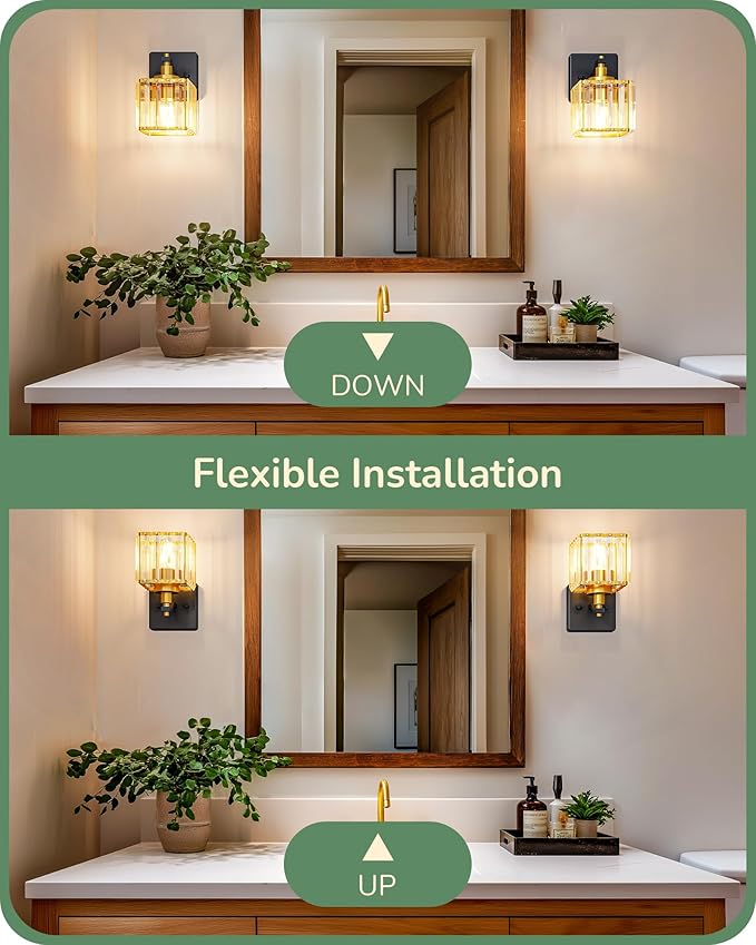 EDISHINE Wall Sconces Set of Two, Bathroom Light Fixtures with Crystal Shade, Modern Vanity Lights, Black Gold Lighting Fixtures Over Mirror, Indoor Wall Lamp, E26 Base